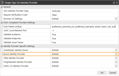 The Single Sign On Identity Provider dialog box has a grid with row headings that have a gray background with black text and can be expanded to display fields with a white background and black text. In this example, in the Identity Provider Specific Settings section, Azure Identity Provider is highlighted.